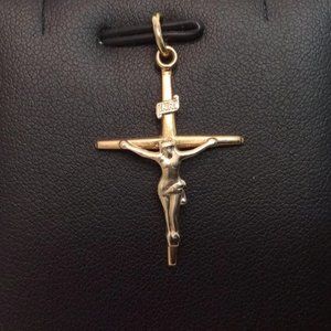 14k Real Solid Yellow Gold Cross Crucifix Jesus Charm Pendant 2.30gr